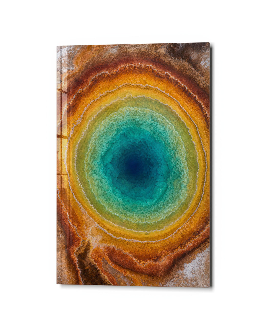 Stone Iris glass wall art, studio view