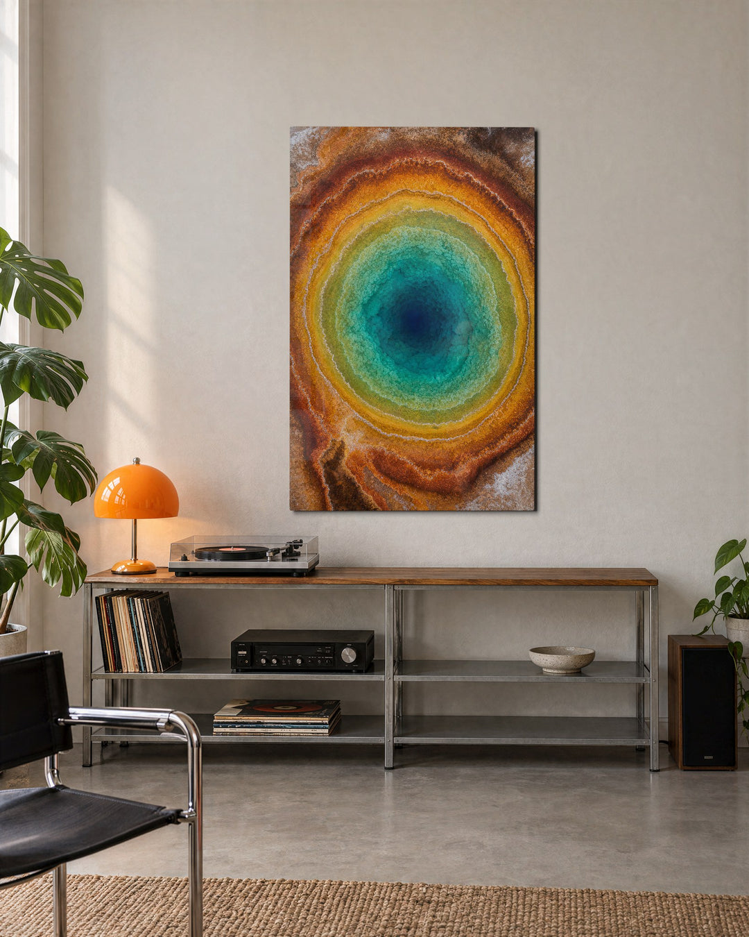 Stone Iris glass wall art, lifestyle view