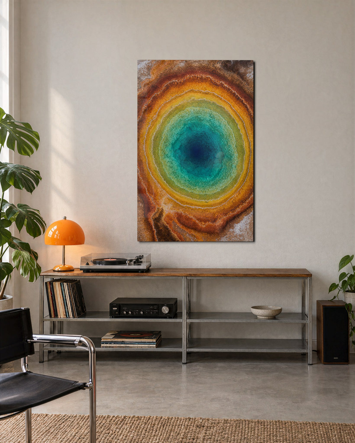Stone Iris glass wall art, lifestyle view