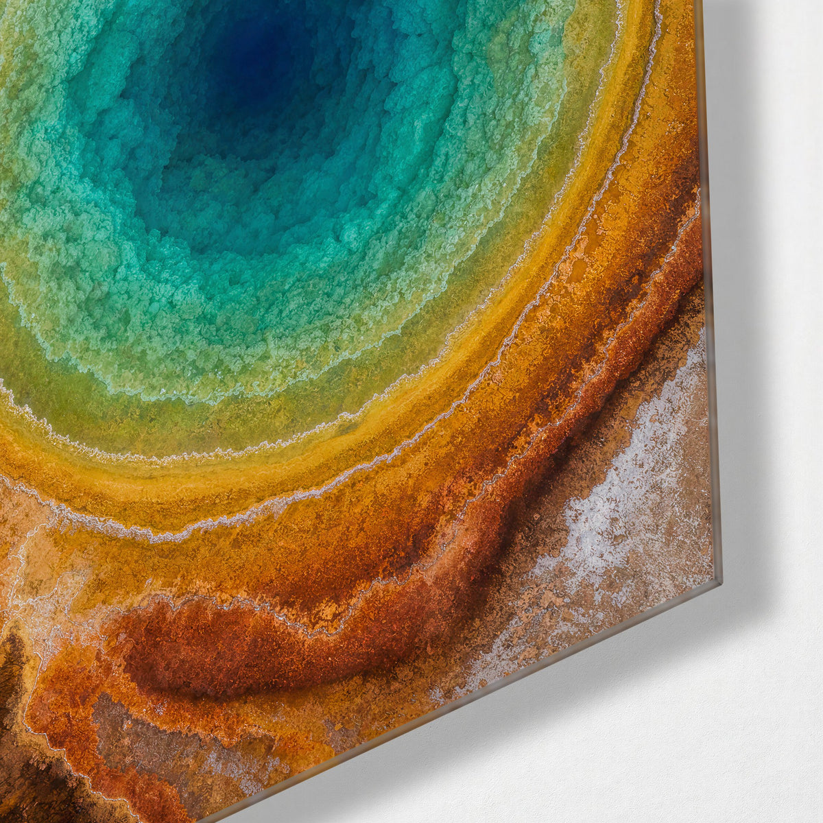 Stone Iris glass wall art, corner view