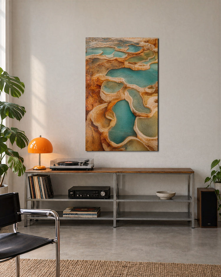 Turquoise Basins glass wall art, lifestyle view
