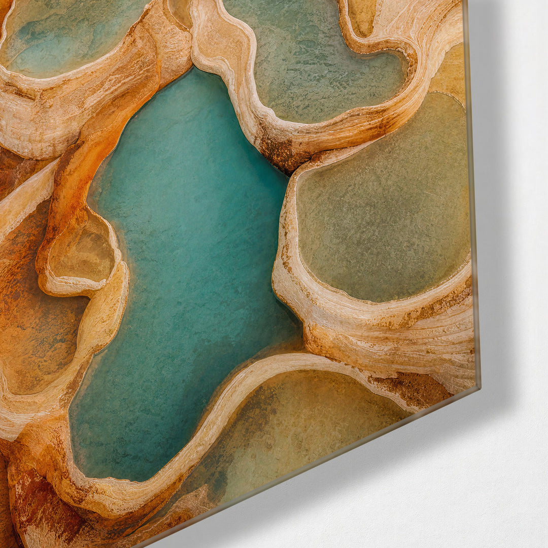 Turquoise Basins glass wall art, corner view