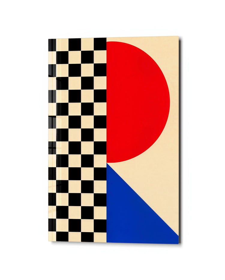 Red Curve, Blue Wedge glass wall art, studio view