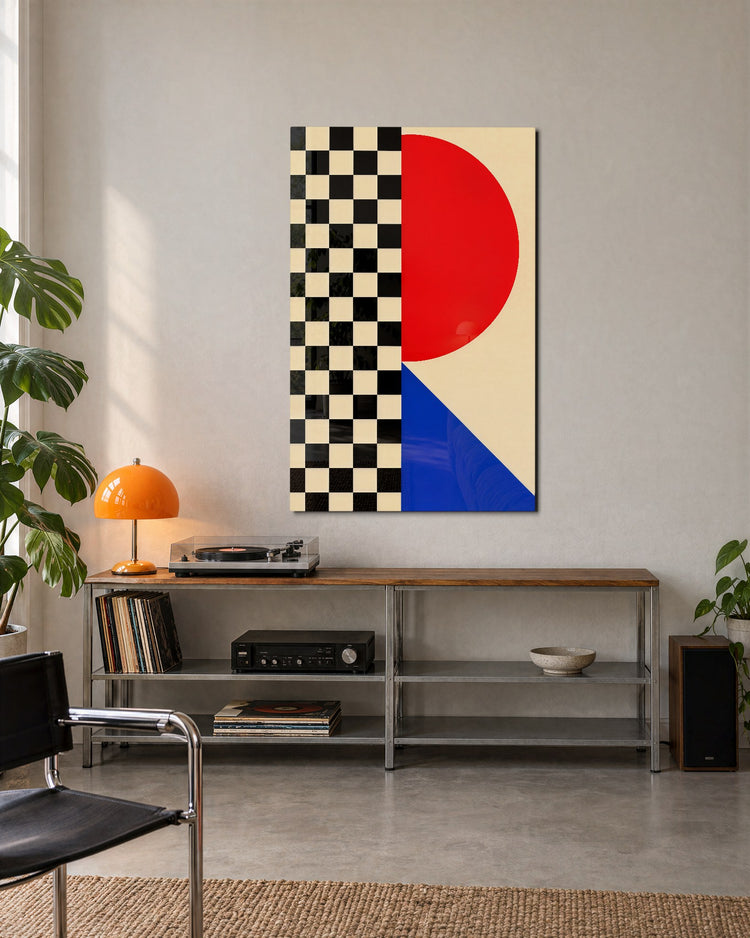 Red Curve, Blue Wedge glass wall art, lifestyle view