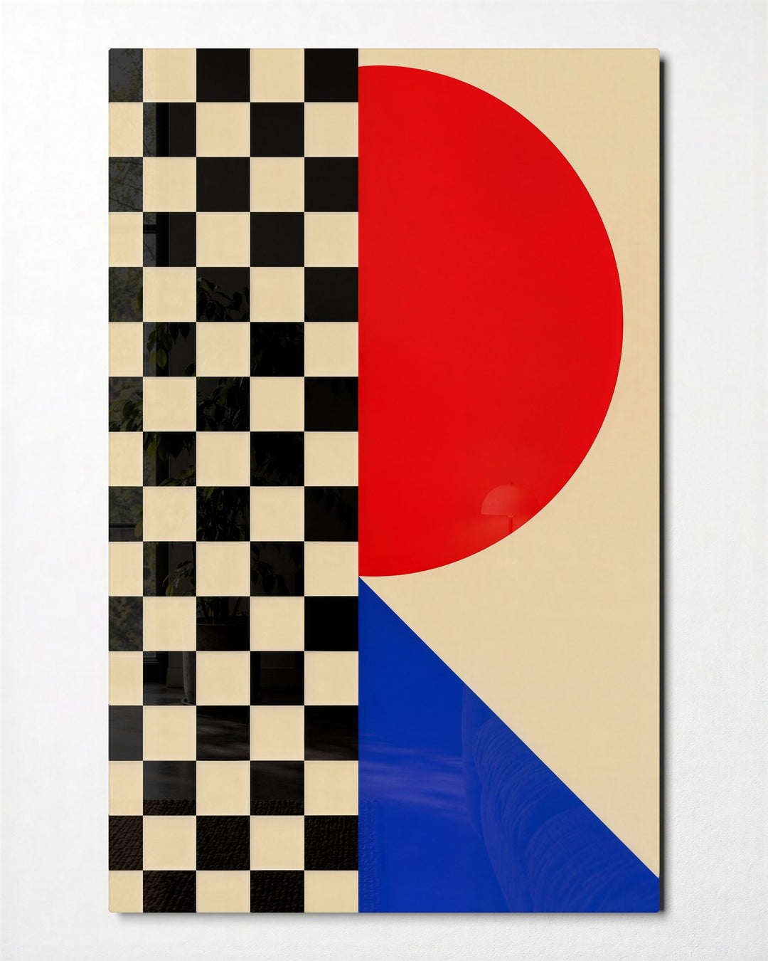 Red Curve, Blue Wedge glass wall art, front view