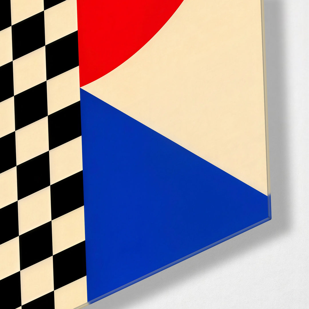 Red Curve, Blue Wedge glass wall art, corner view