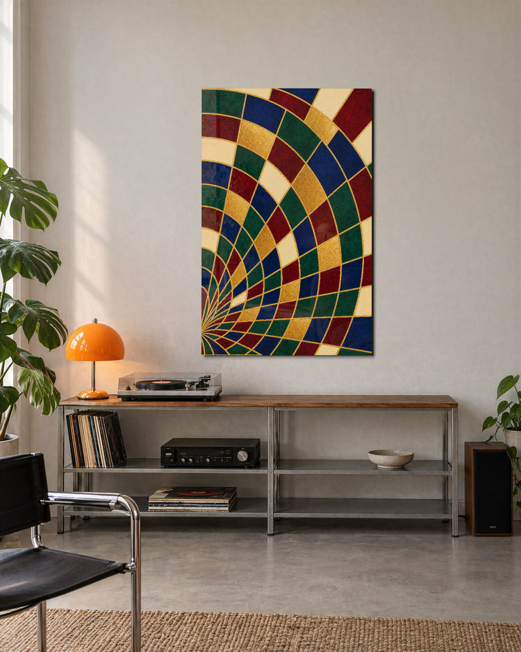 Fanned Tiles glass wall art, lifestyle view