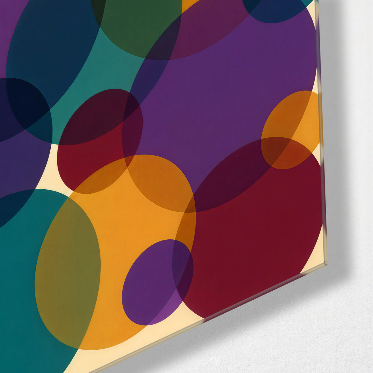 Venn Diagram Party glass wall art, corner view