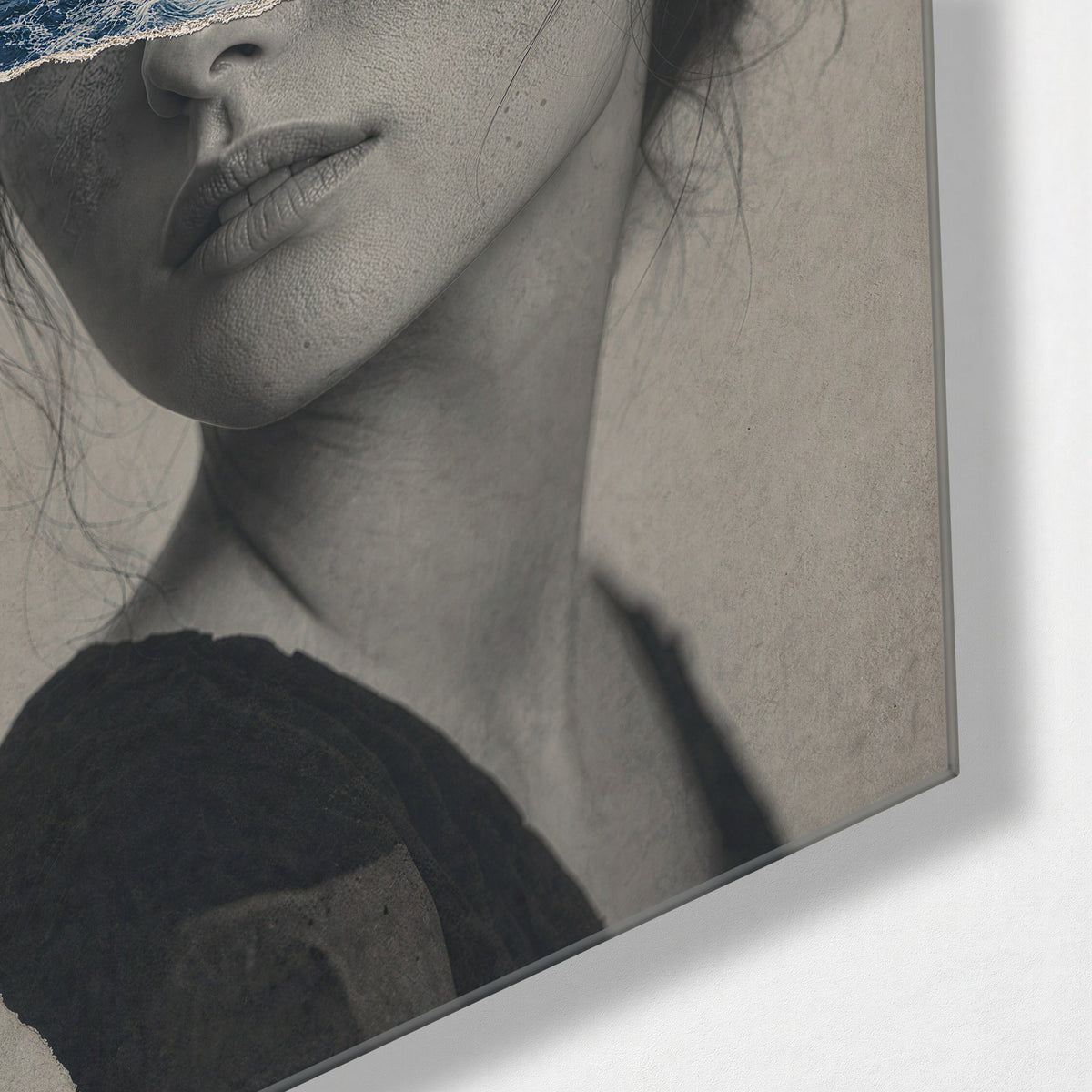 Wave Over Face glass wall art, corner view
