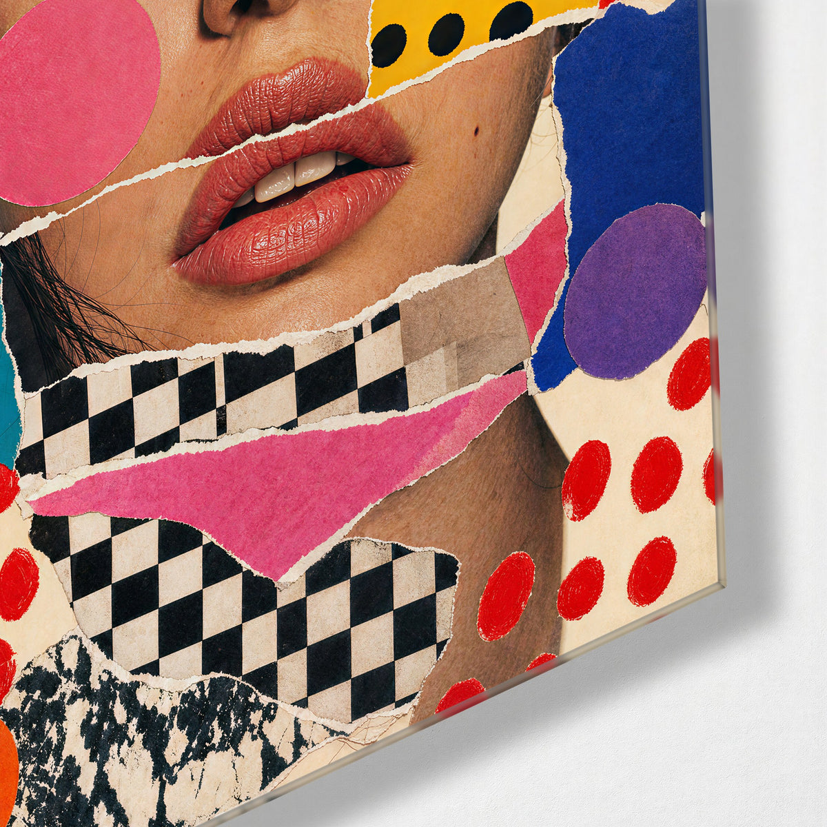 Torn Portrait glass wall art, corner view