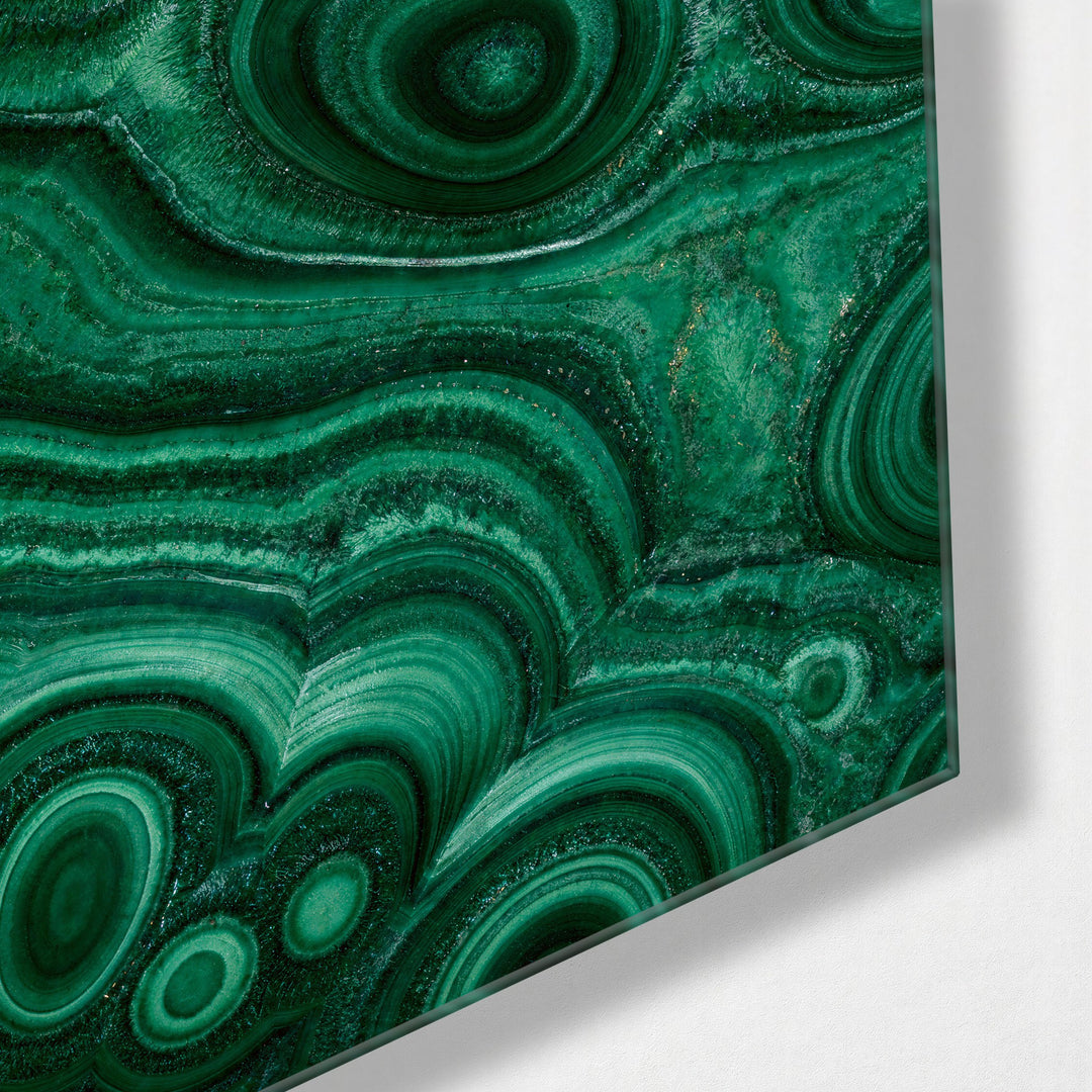 Topographic Greens glass wall art, corner view