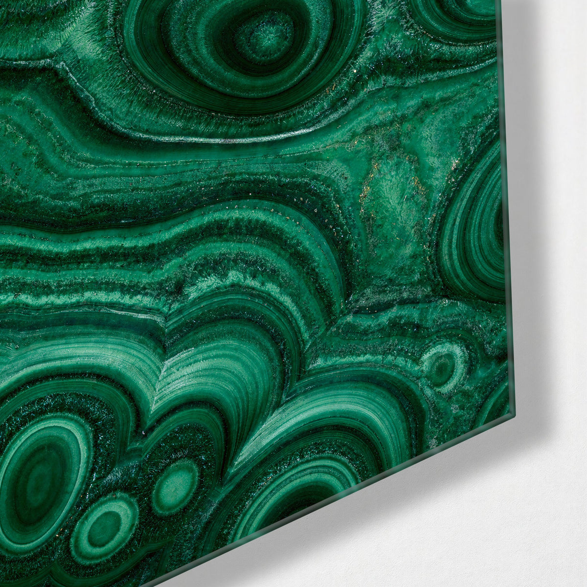 Topographic Greens glass wall art, corner view