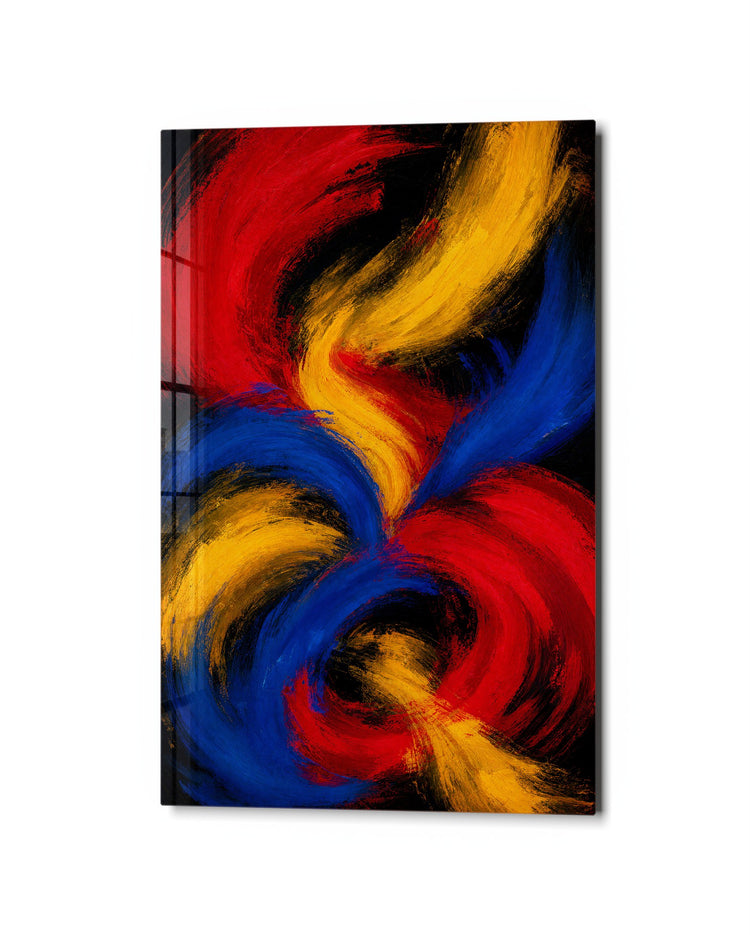 Three Primaries, Black glass wall art, studio view