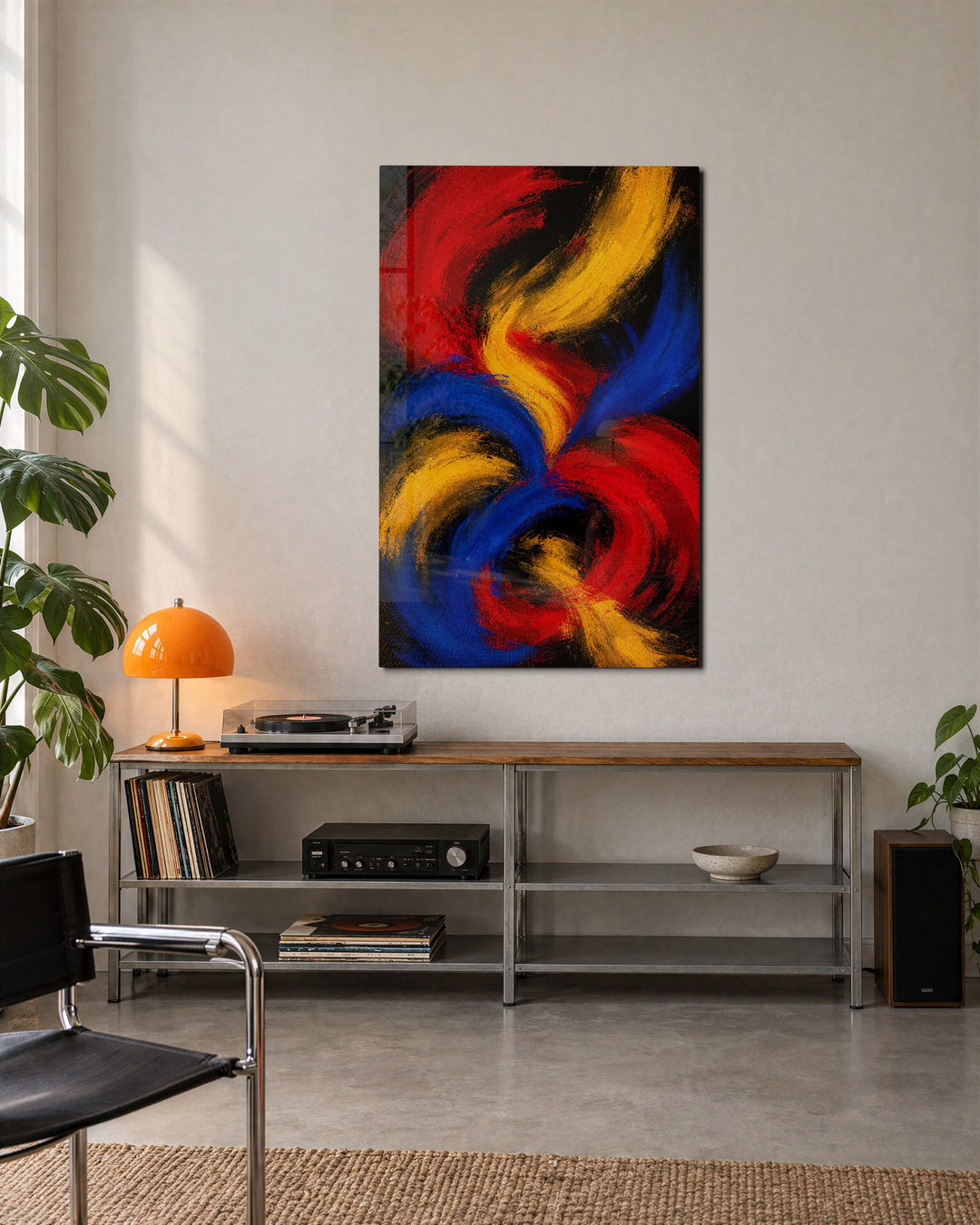Three Primaries, Black glass wall art, lifestyle view