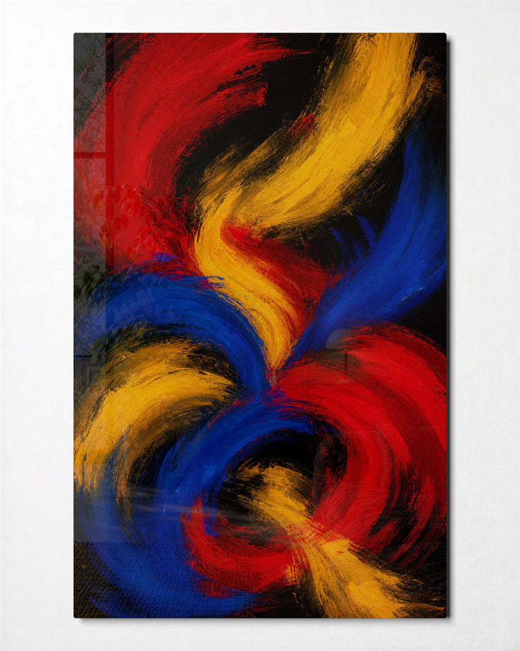 Three Primaries, Black glass wall art, front view