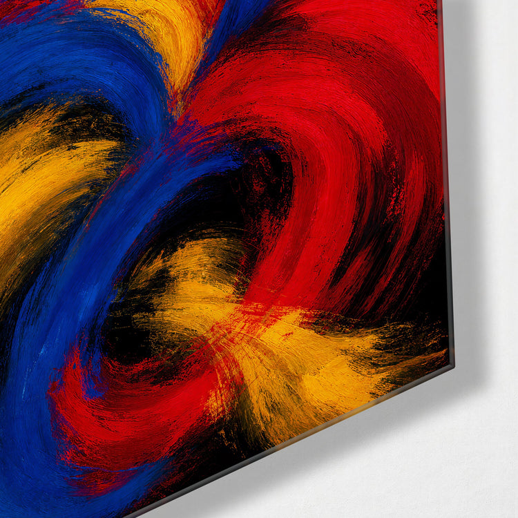 Three Primaries, Black glass wall art, corner view