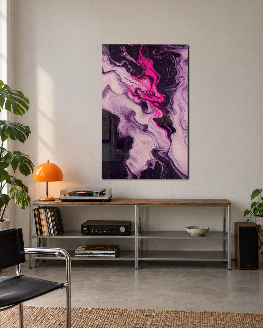 Lilac Eddy glass wall art, lifestyle view