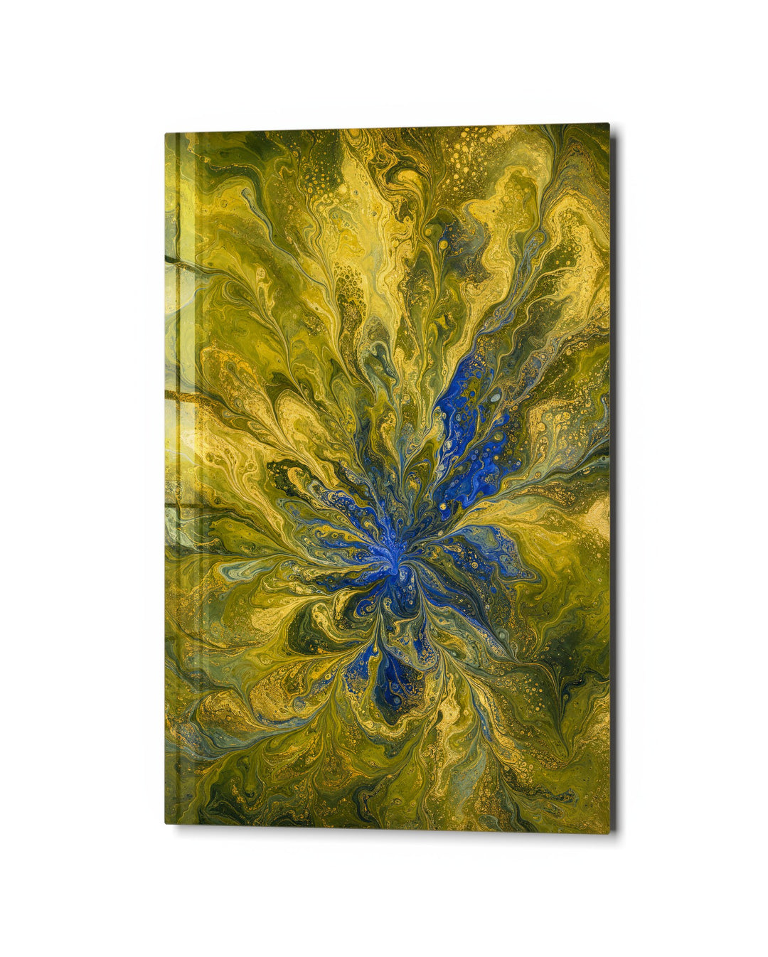 Chartreuse Branches glass wall art, studio view