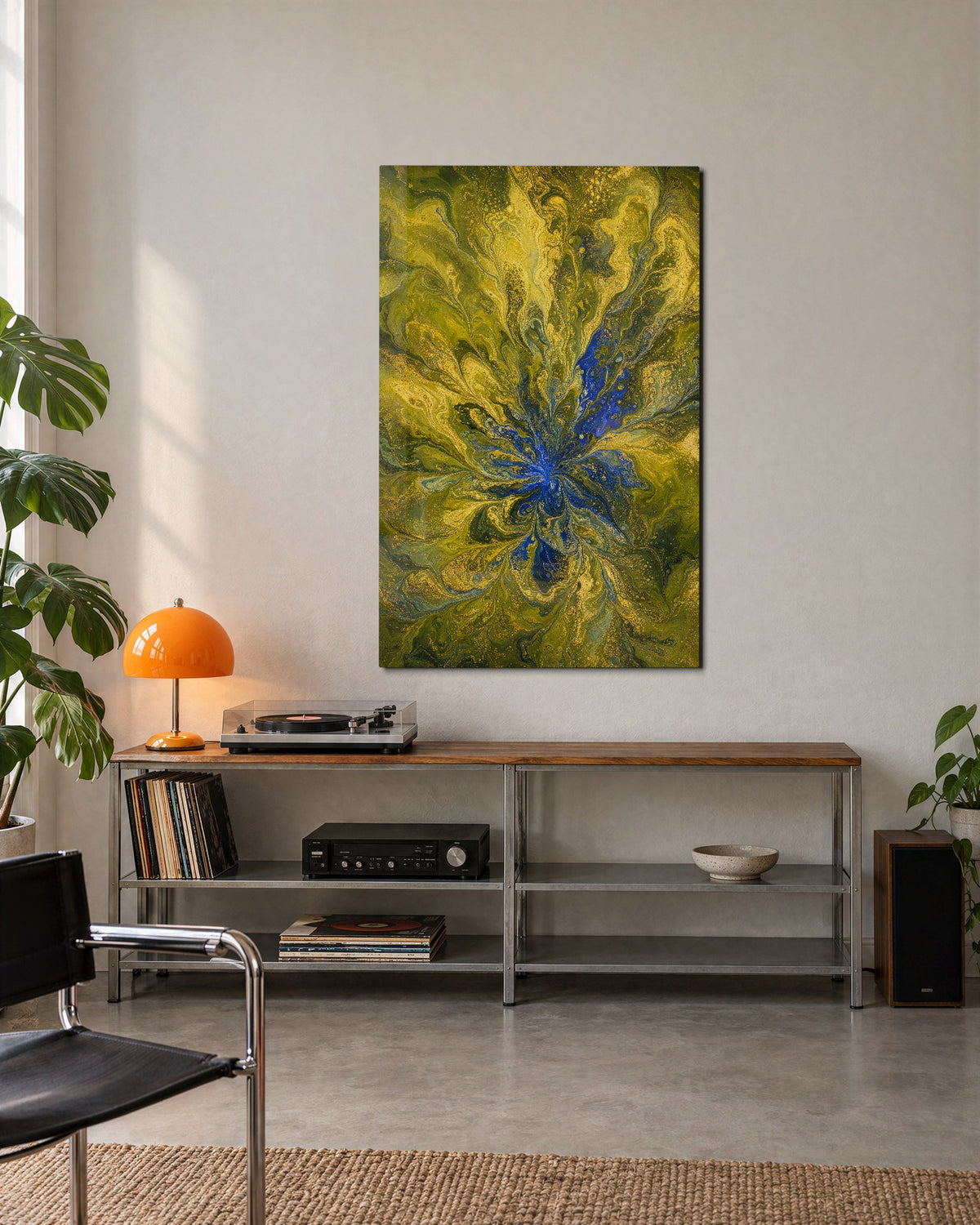 Chartreuse Branches glass wall art, lifestyle view