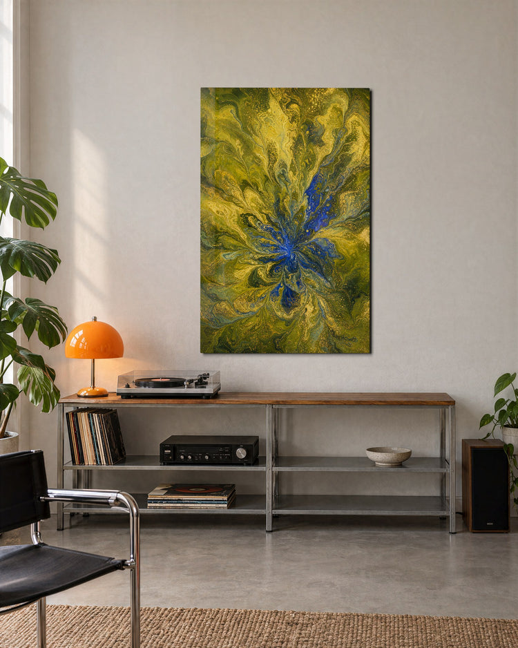 Chartreuse Branches glass wall art, lifestyle view