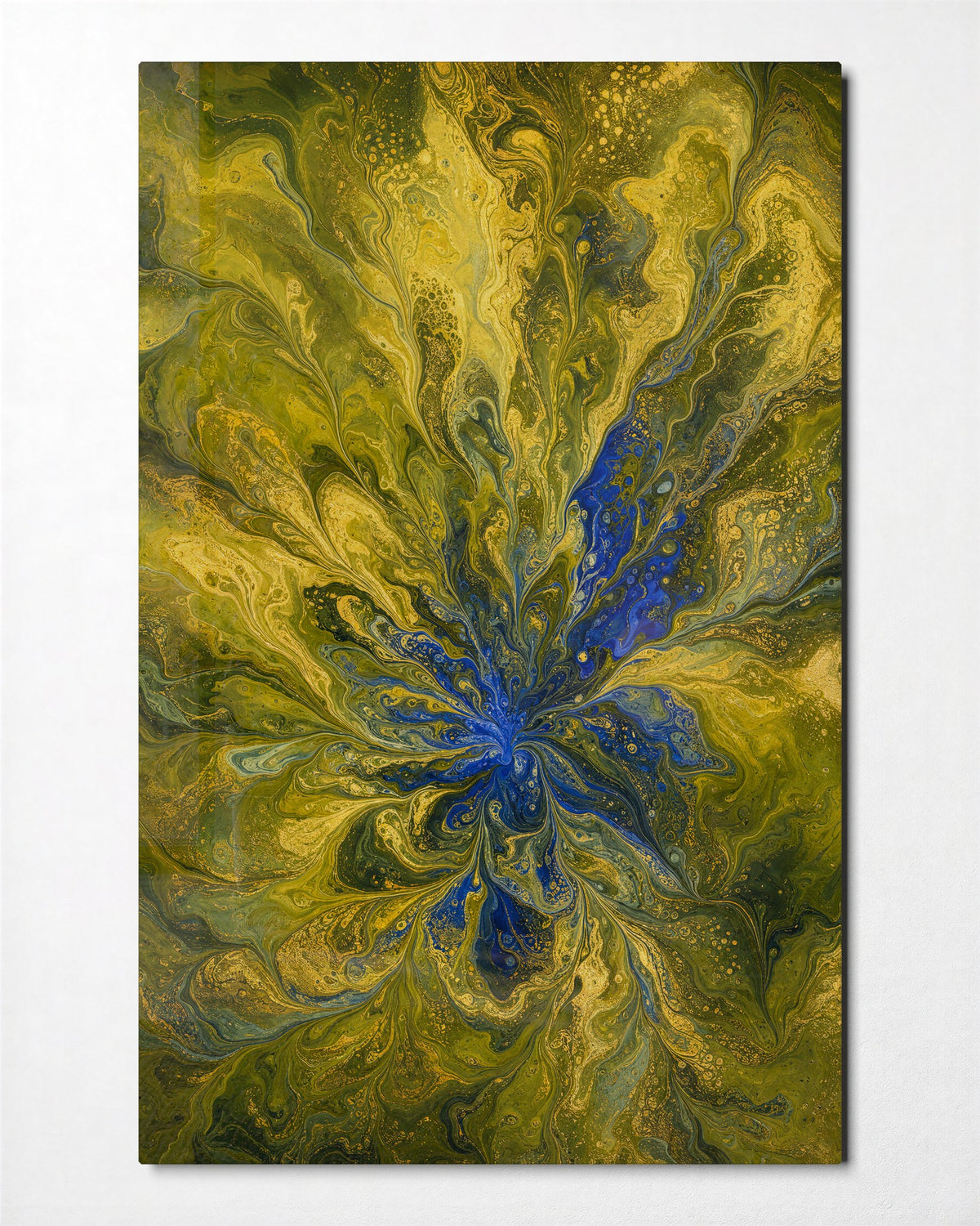 Chartreuse Branches glass wall art, front view
