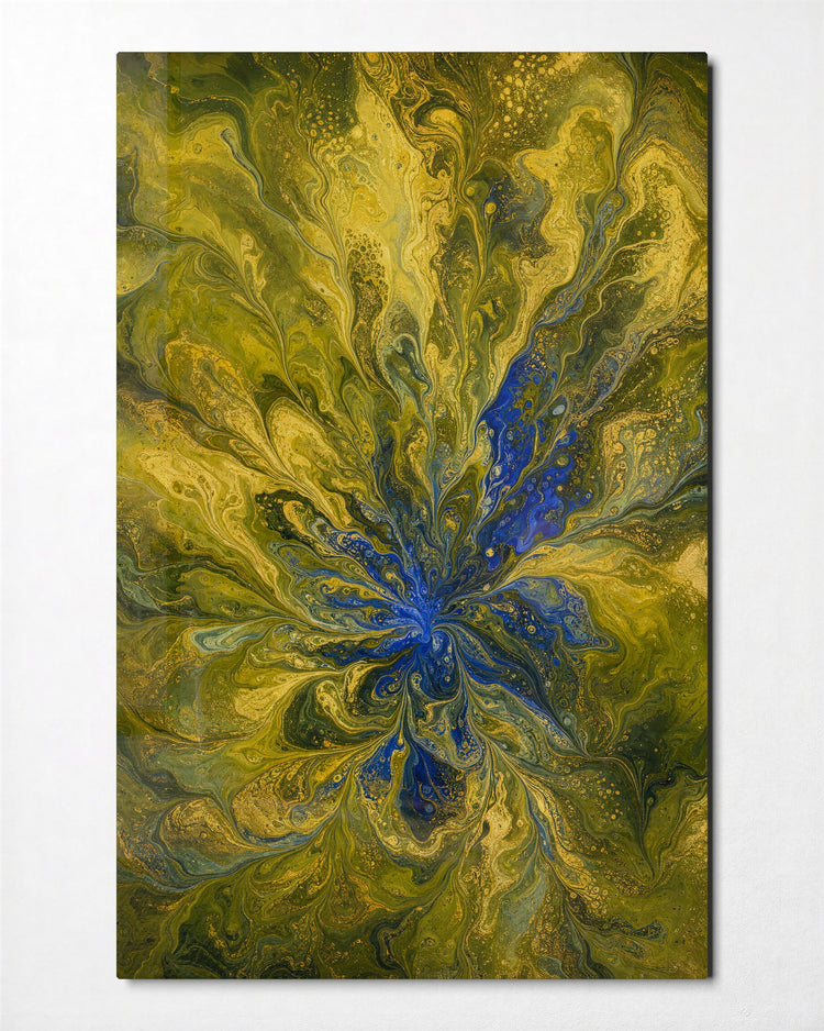 Chartreuse Branches glass wall art, front view