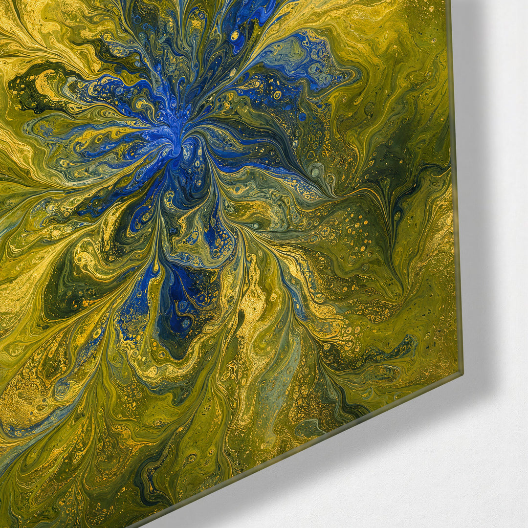 Chartreuse Branches glass wall art, corner view
