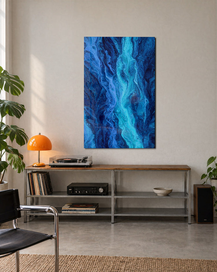 Navy Marble glass wall art, lifestyle view