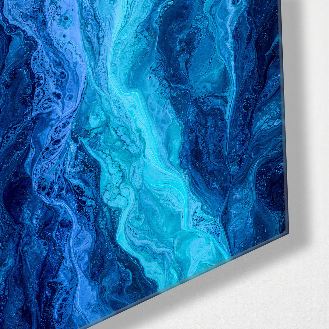 Navy Marble glass wall art, corner view