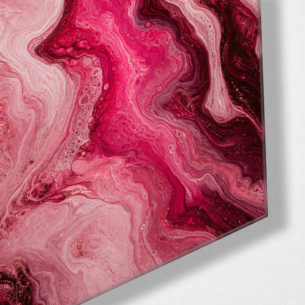 Pink Channel glass wall art, corner view