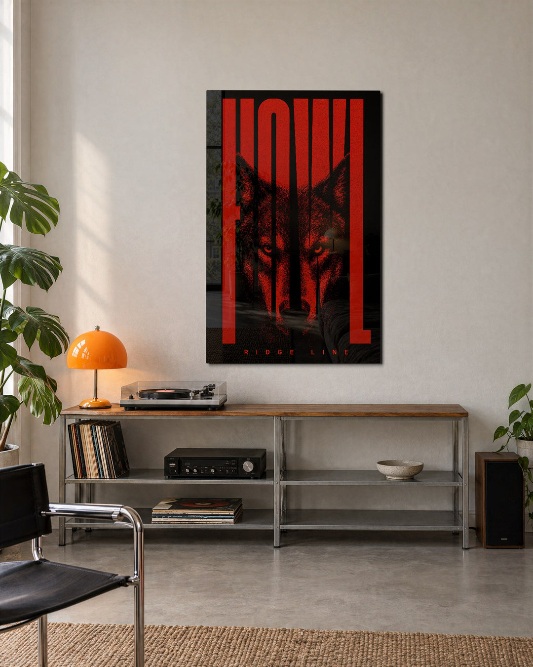 Wolf in Red Type glass wall art, lifestyle view