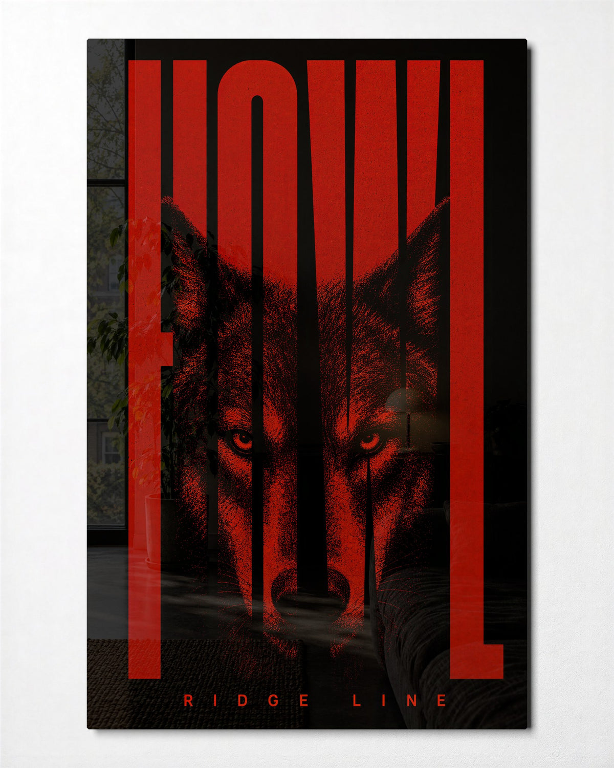 Wolf in Red Type glass wall art, front view