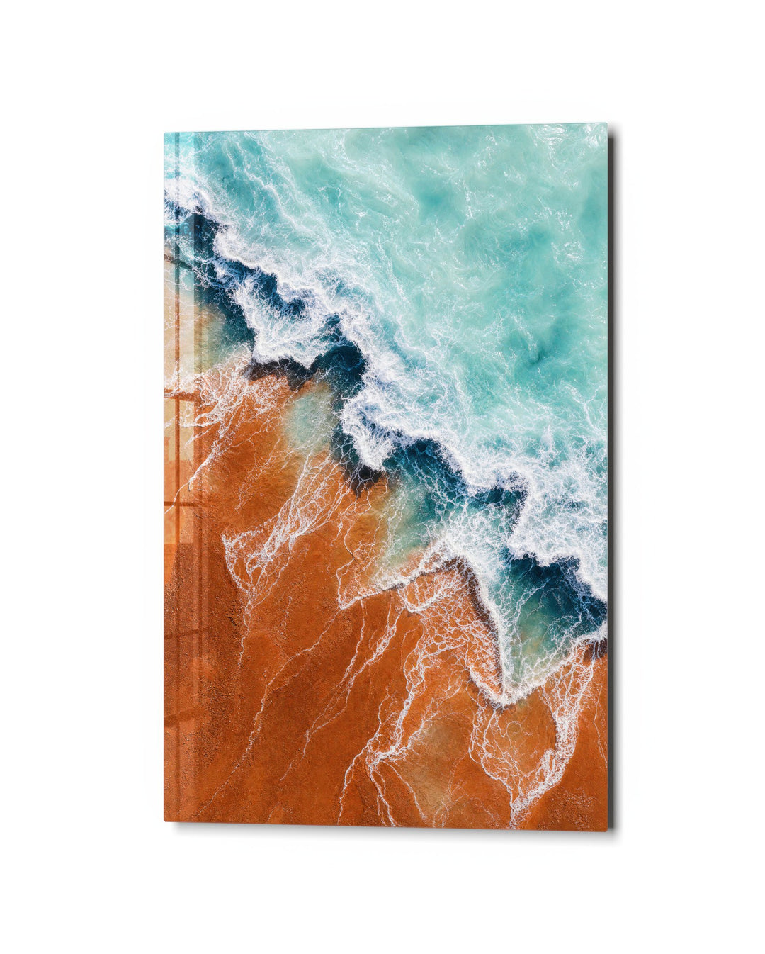 Rust Beach, Pale Surf glass wall art, studio view