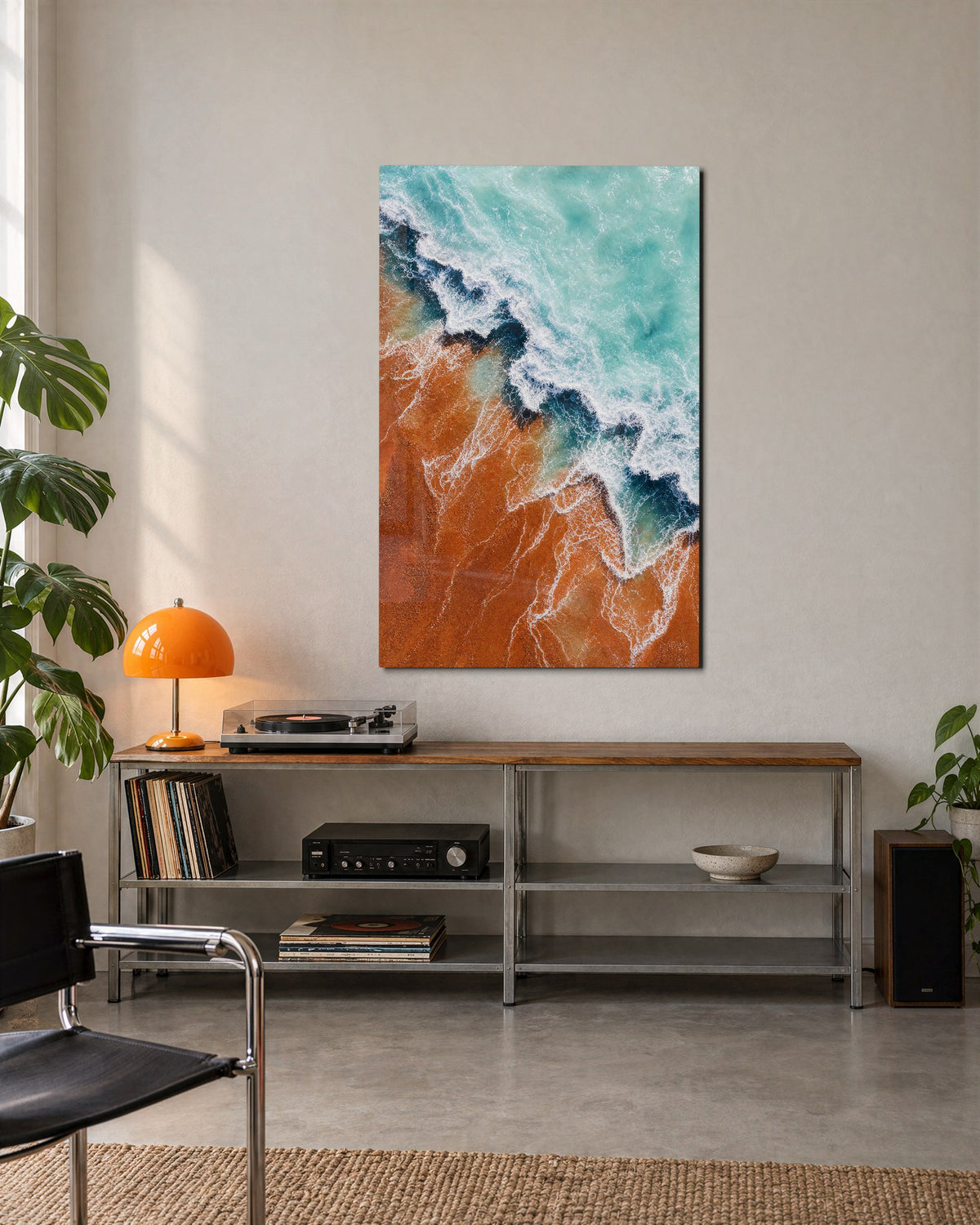 Rust Beach, Pale Surf glass wall art, lifestyle view