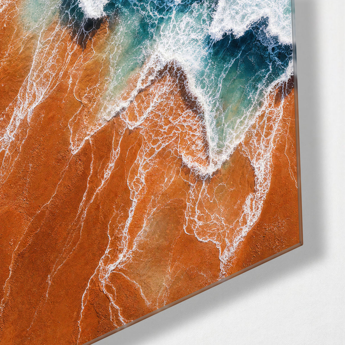 Rust Beach, Pale Surf glass wall art, corner view