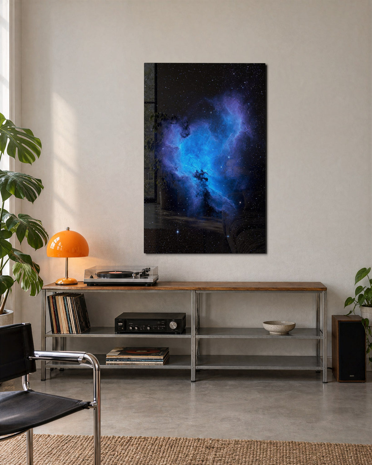 Cobalt Cloud glass wall art, lifestyle view