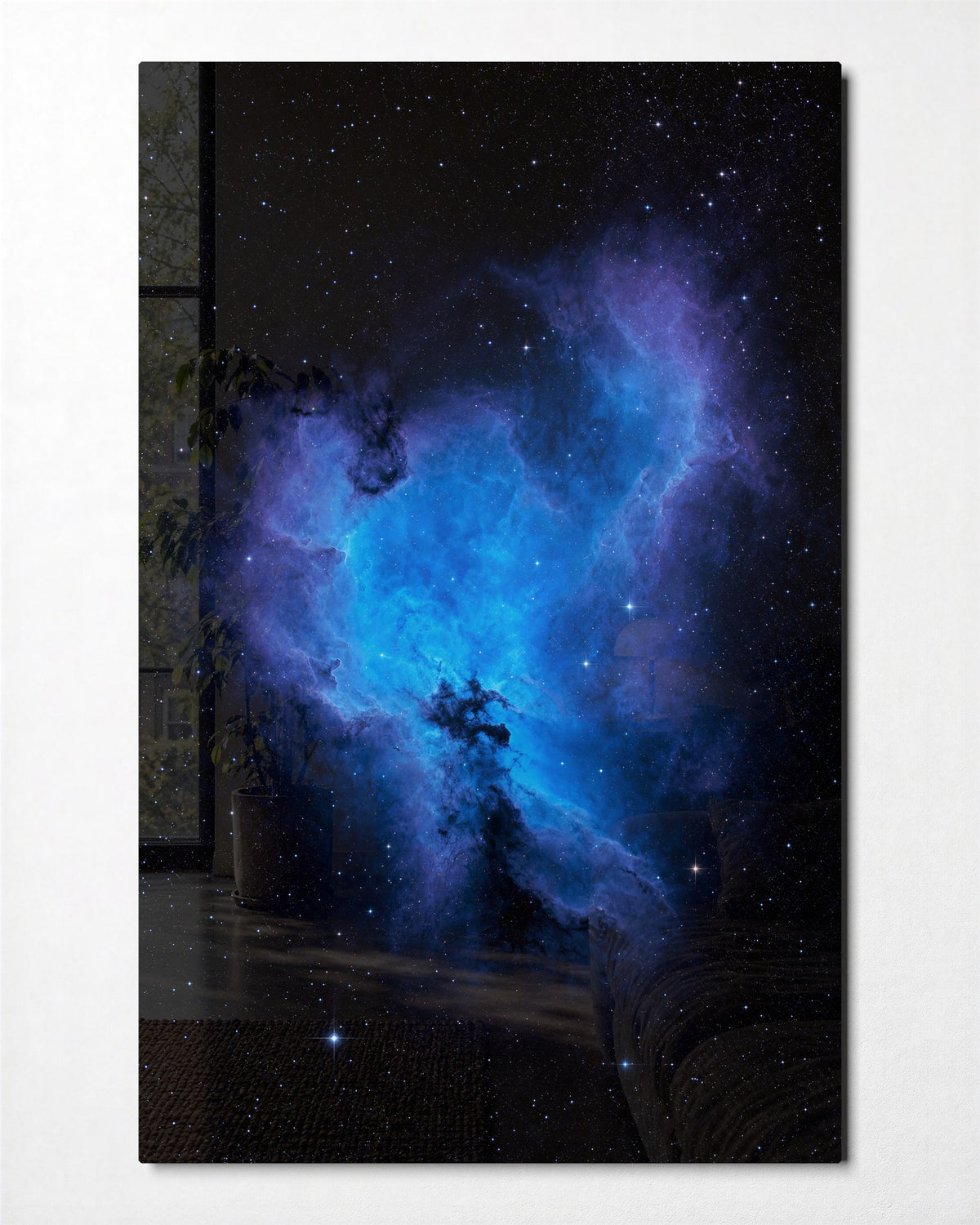 Cobalt Cloud glass wall art, front view