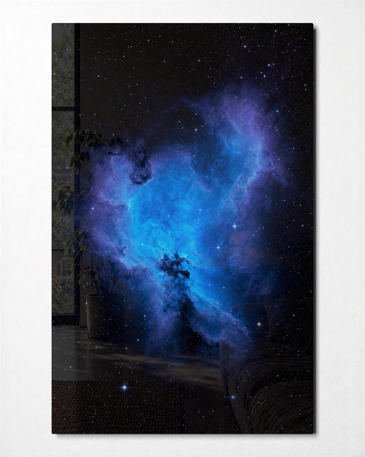 Cobalt Cloud glass wall art, front view