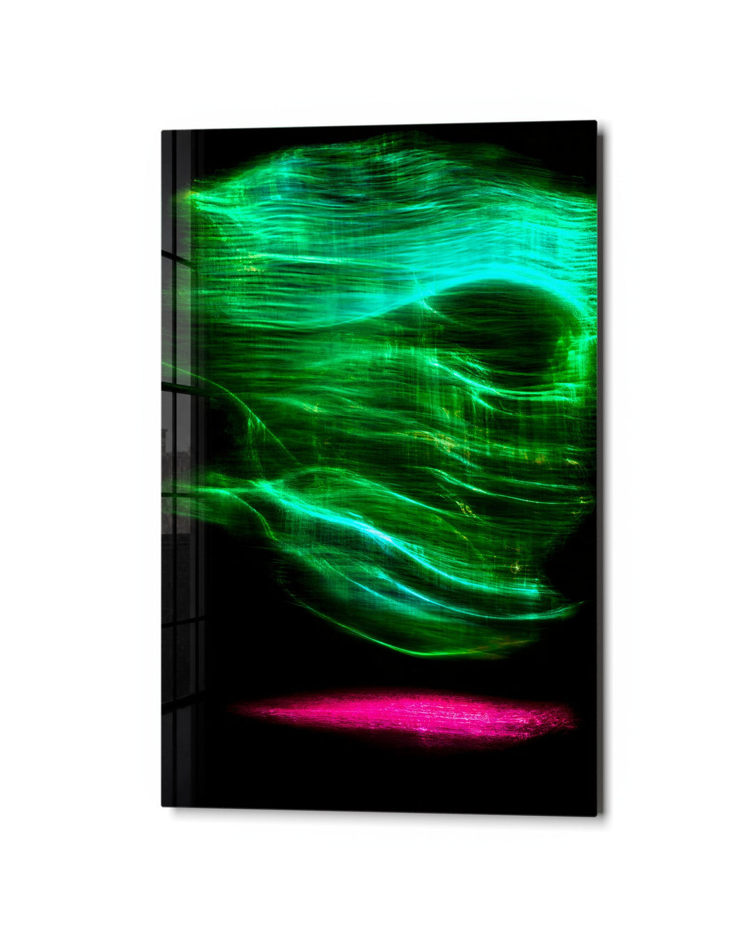 Skull in Neon glass wall art, studio view