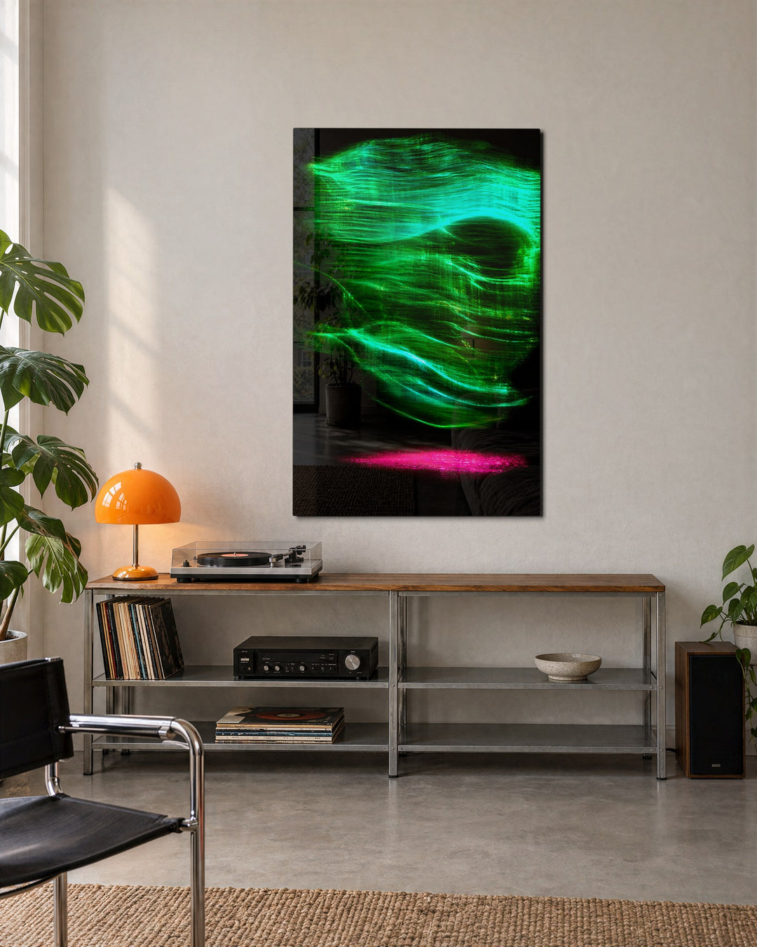 Skull in Neon glass wall art, lifestyle view
