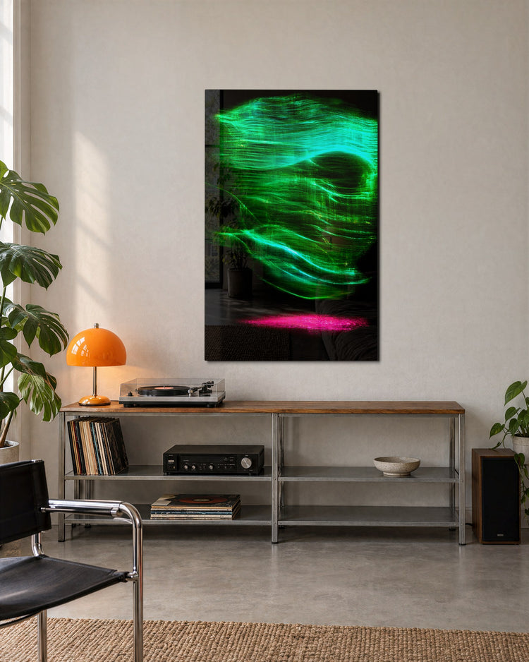Skull in Neon glass wall art, lifestyle view
