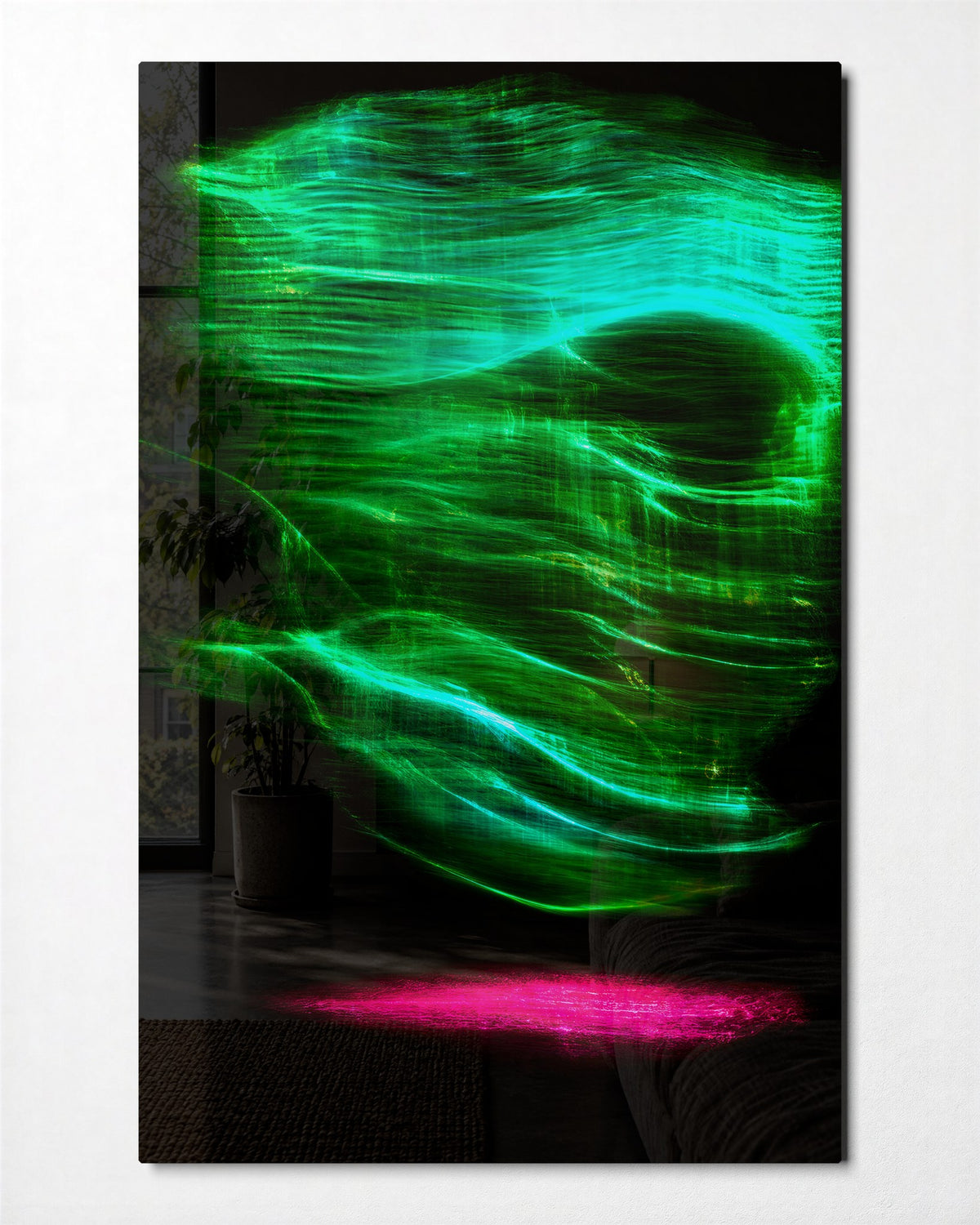 Skull in Neon glass wall art, front view