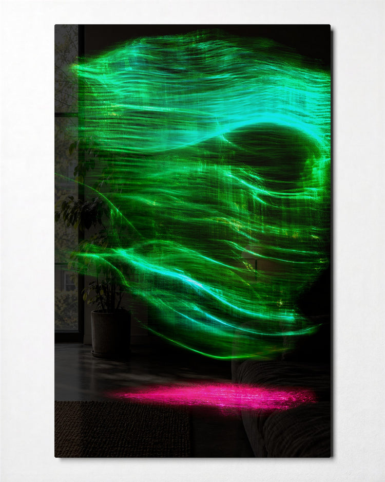 Skull in Neon glass wall art, front view
