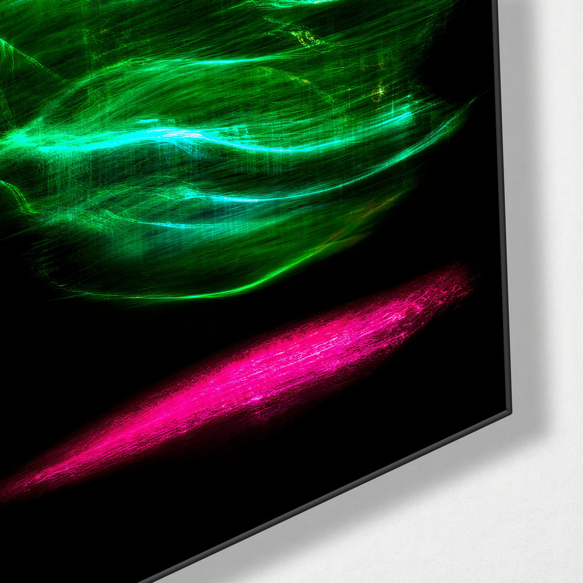 Skull in Neon glass wall art, corner view