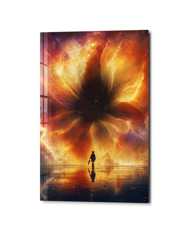 Fire Sky, Small Figure glass wall art, studio view