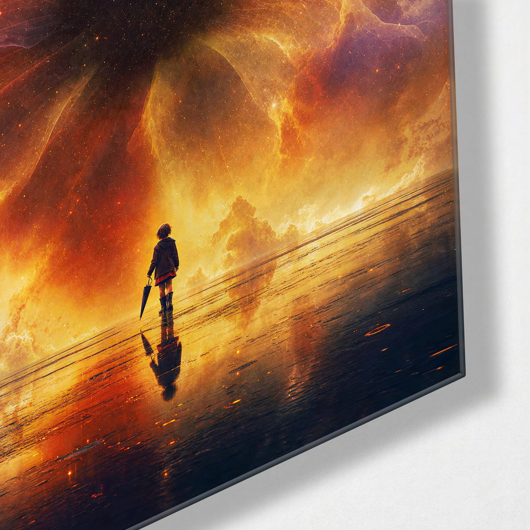 Fire Sky, Small Figure glass wall art, corner view