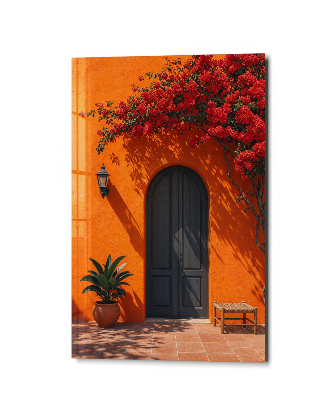 Red Blooms, Dark Arch glass wall art, studio view