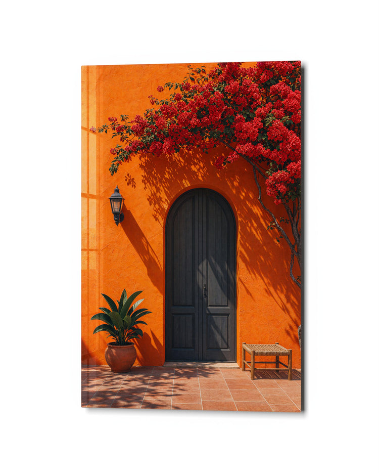 Red Blooms, Dark Arch glass wall art, studio view
