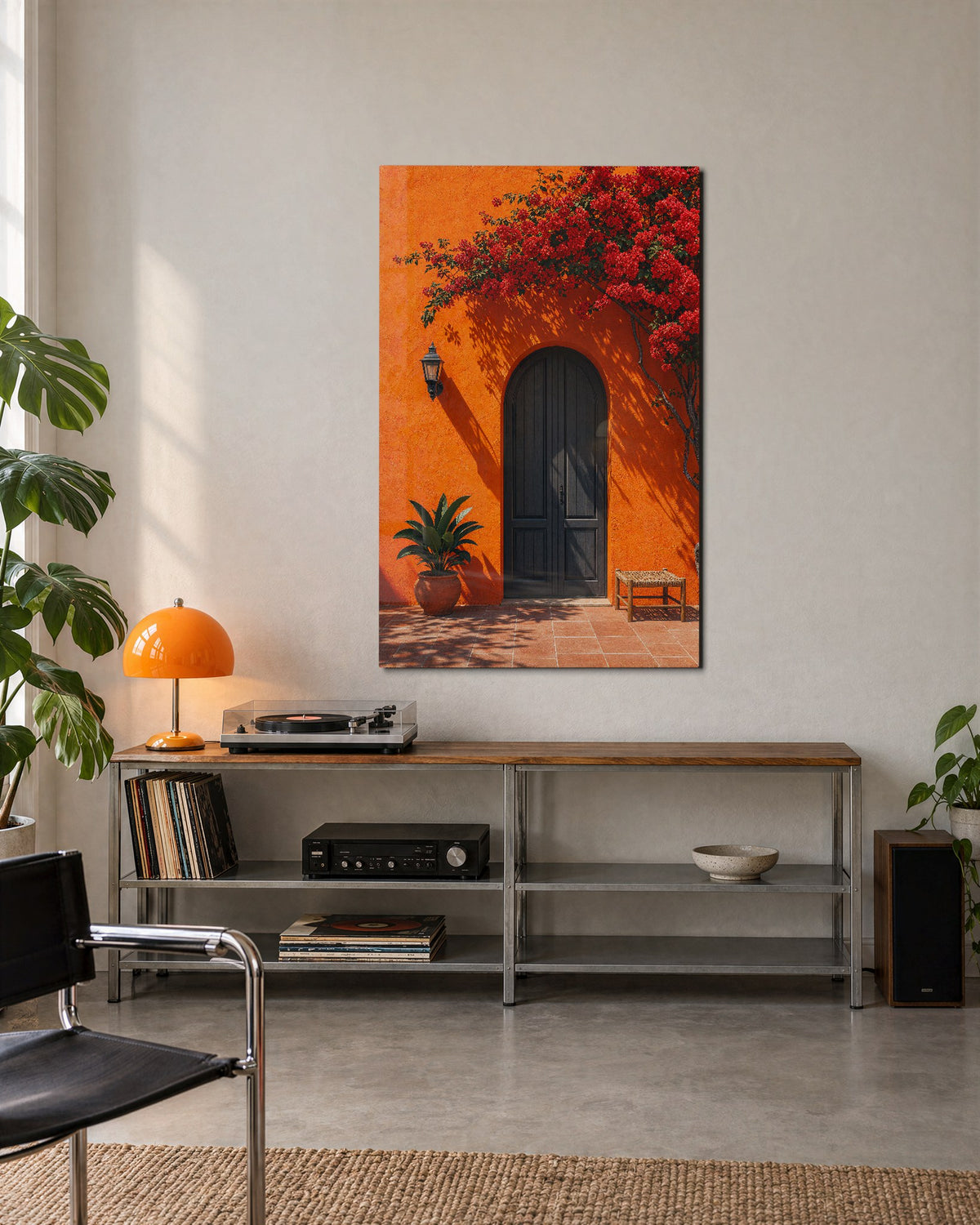 Red Blooms, Dark Arch glass wall art, lifestyle view