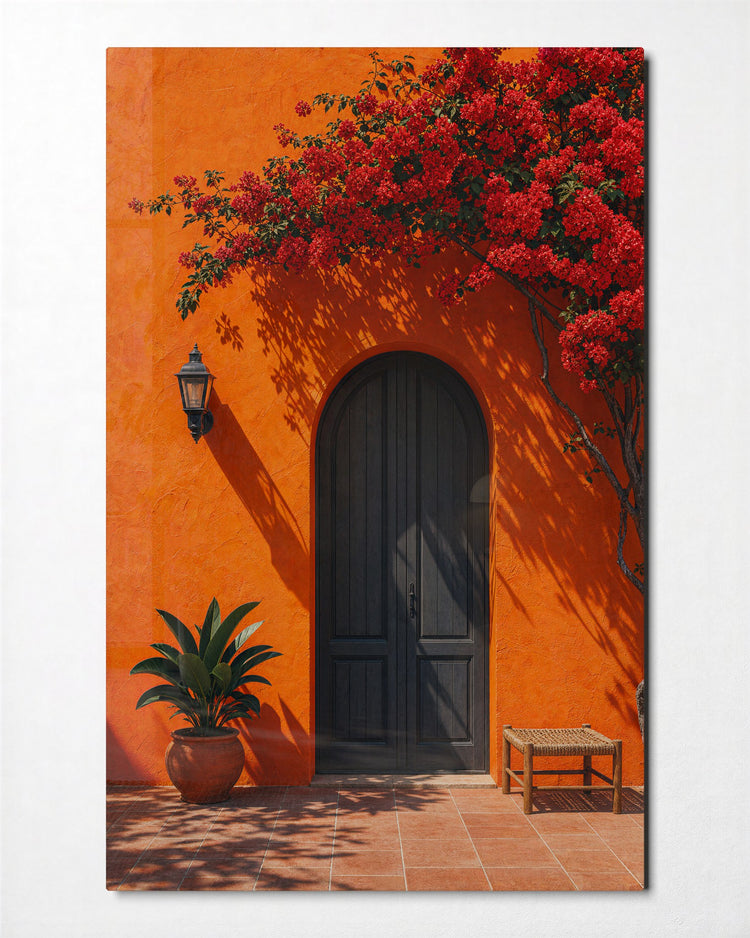 Red Blooms, Dark Arch glass wall art, front view
